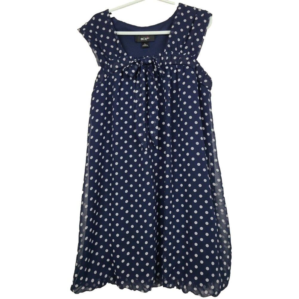 BCX Girls Dress Size Large Navy White Polka Dot Sleeveless Bow Tie Flare‎ Girly